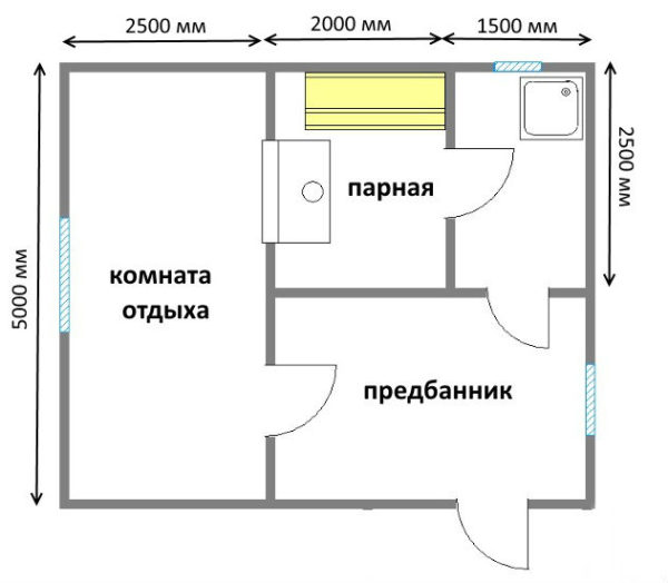 План бани с комнатой отдыха туалетом и душем и верандой