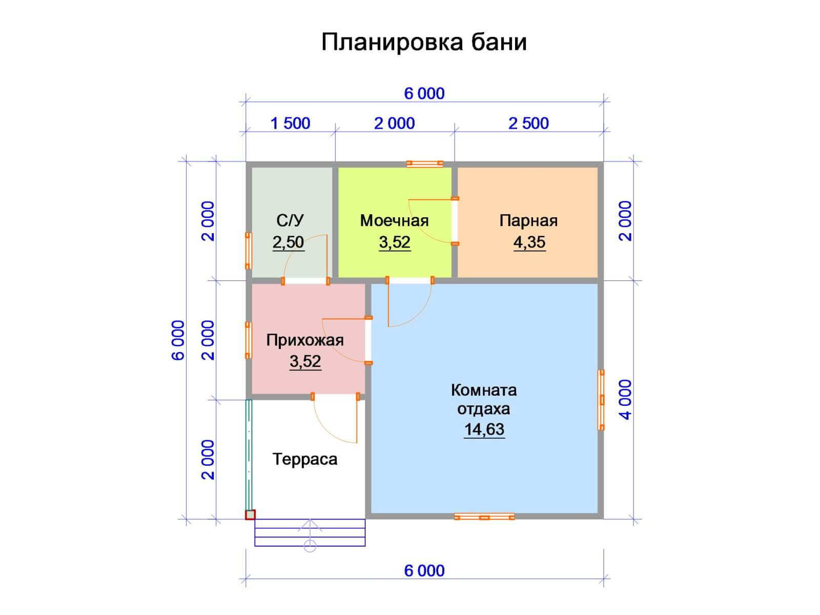 Планировка бани 6х4 с комнатой отдыха и туалетом